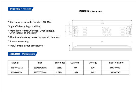 FCC 400W Ultra Slim Power Supply 33.3A 12 Volt LED Driver Transformer