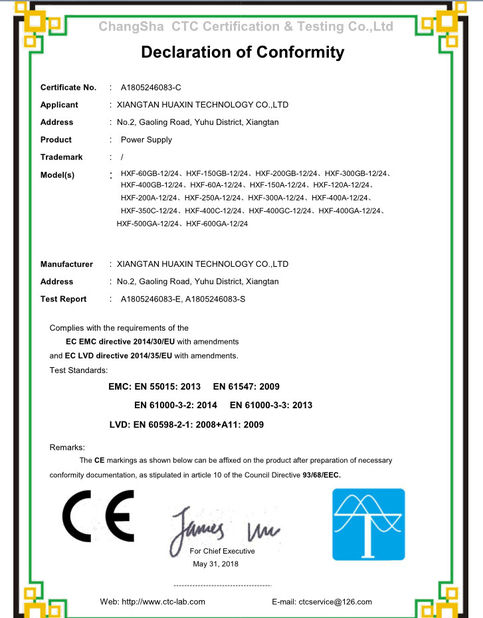 Chine Hunan Huaxin Electronic Technology Co., Ltd. certifications